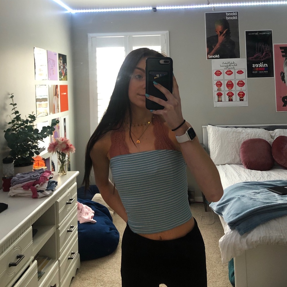 blue and white stripped tube top